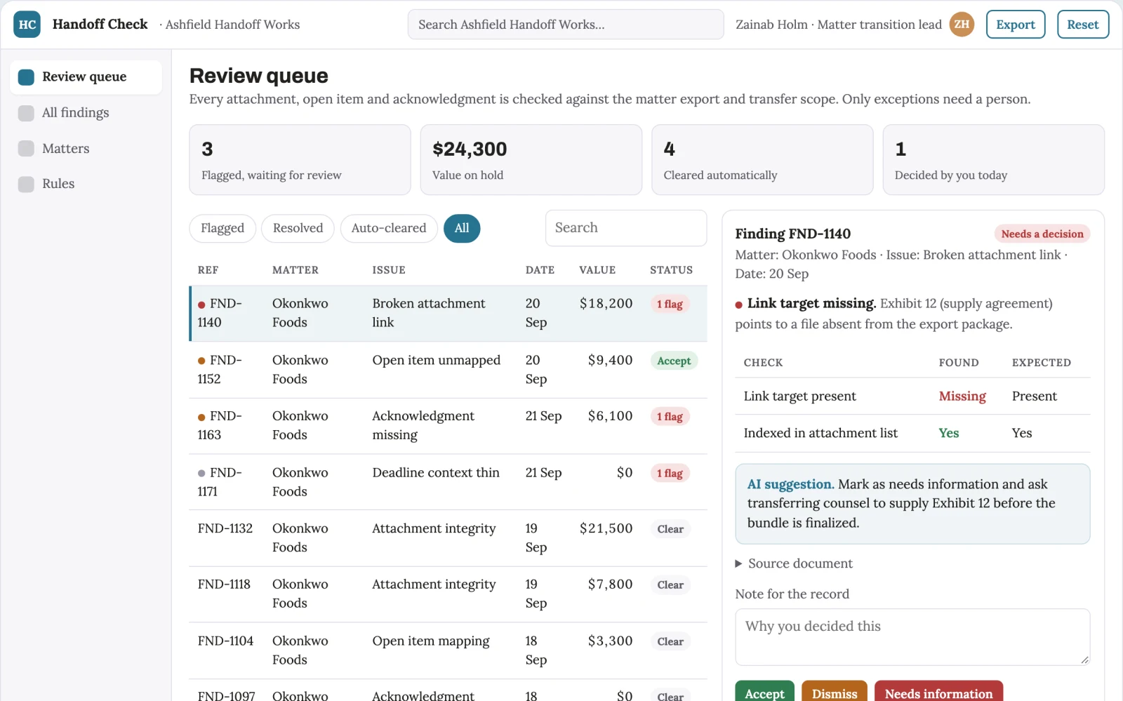 Screenshot of the Counsel transition file portability checker interactive demo