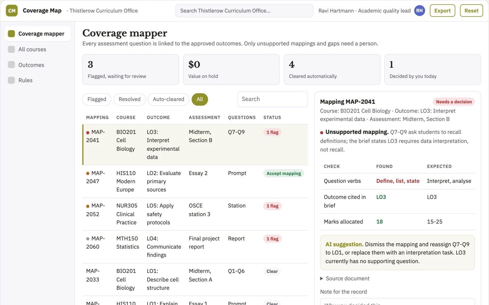 Screenshot of the Course assessment coverage mapper interactive demo