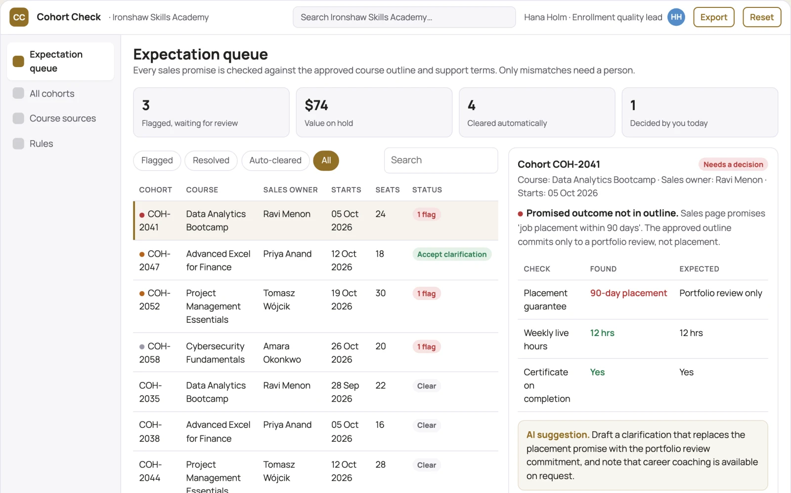 Screenshot of the Course cohort expectation checker interactive demo