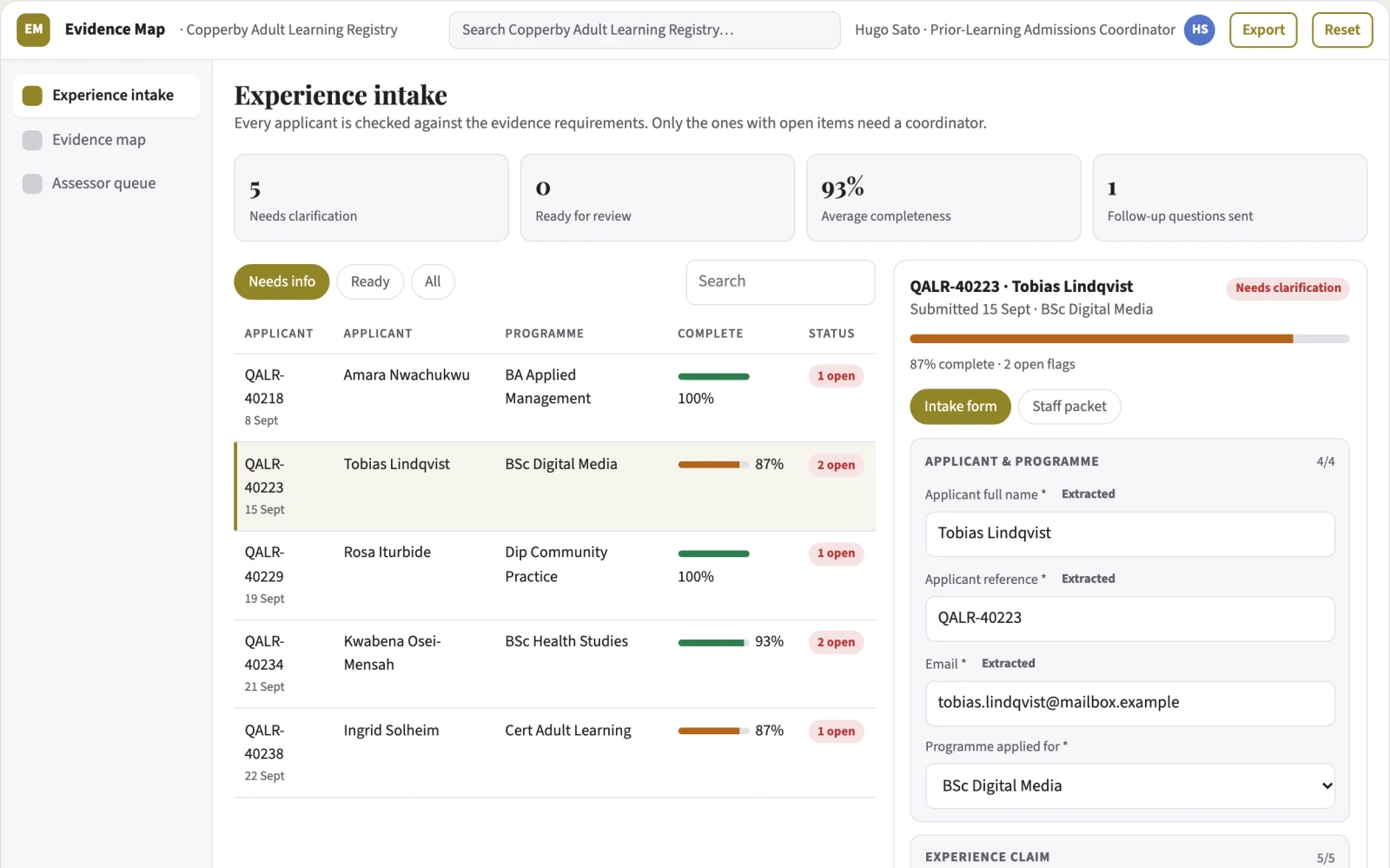 Screenshot of the Course credit evidence organizer interactive demo