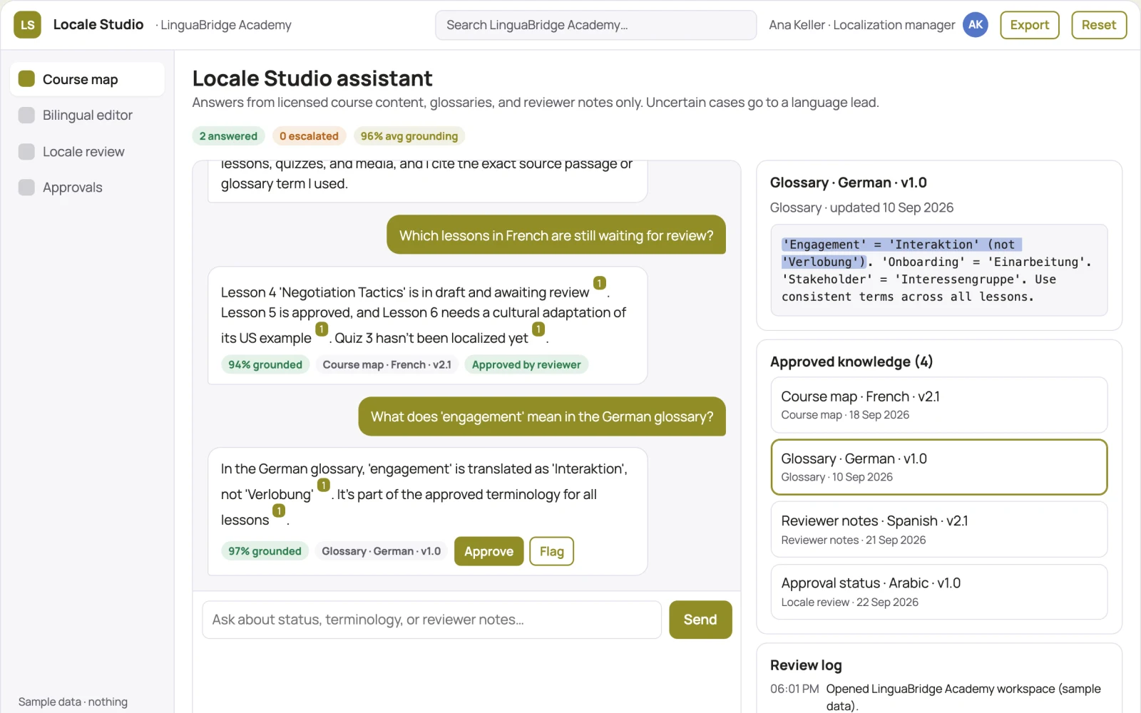 Demo screen of Course localization studio