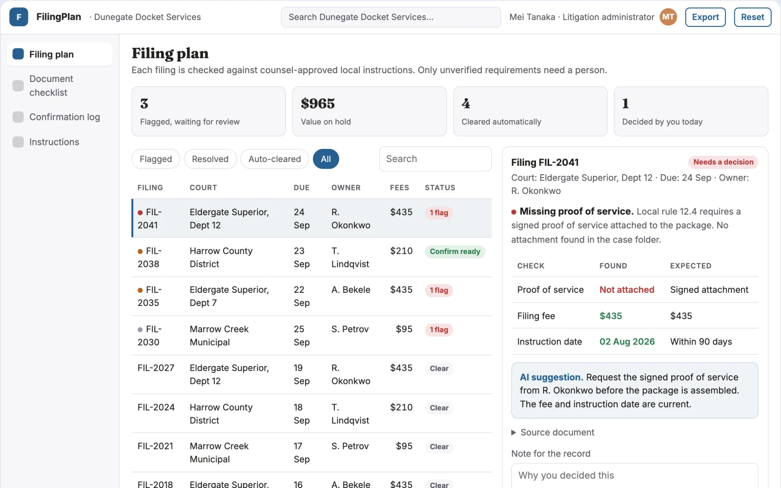 Screenshot of the Court filing logistics checklist interactive demo