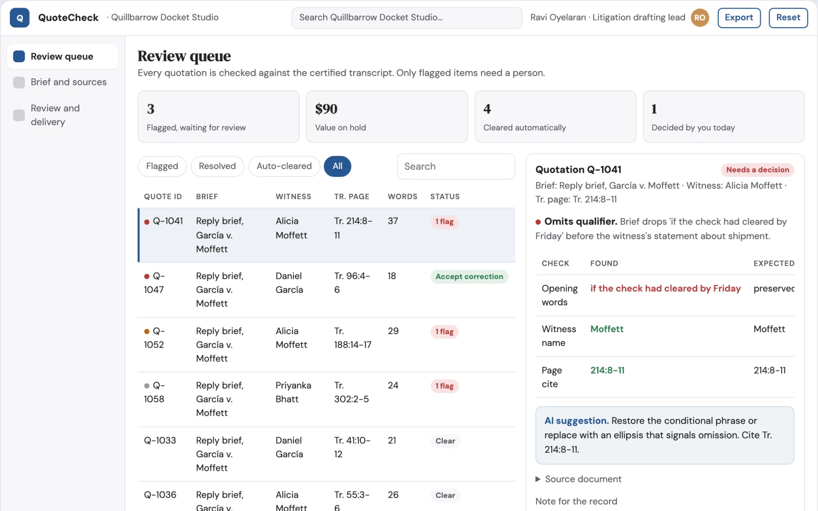 Screenshot of the Court transcript quotation checker interactive demo