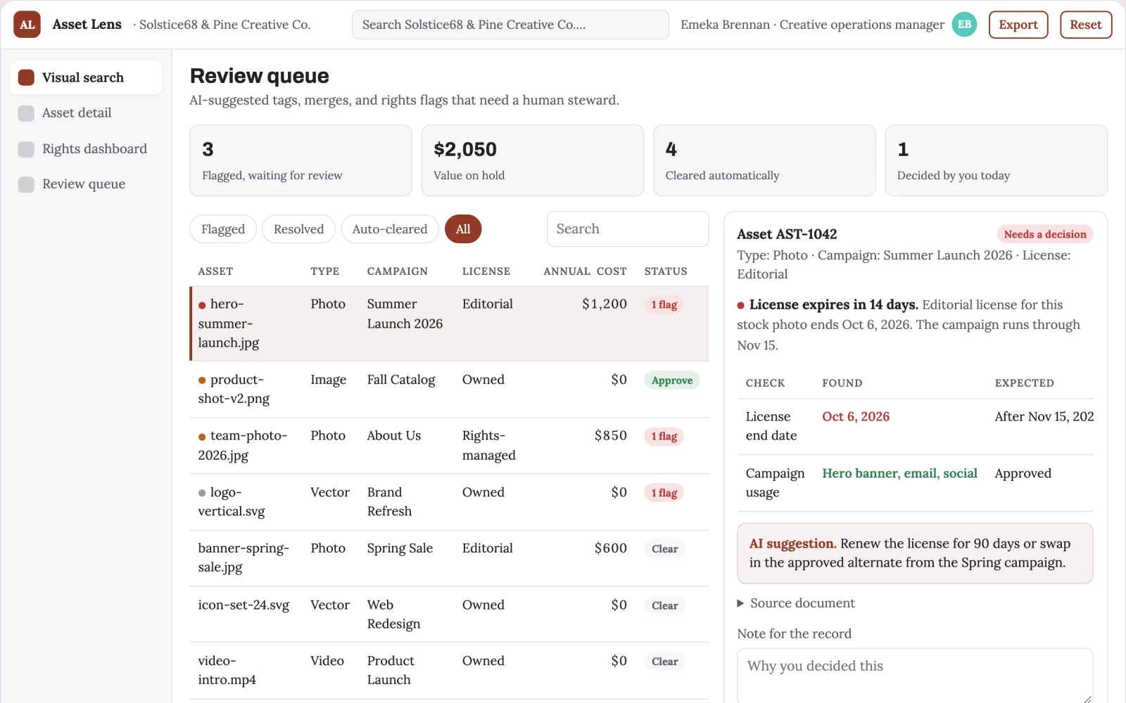 Demo screen of Creative asset librarian