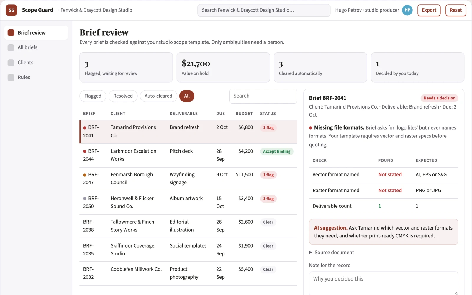 Screenshot of the Creative brief ambiguity checker interactive demo