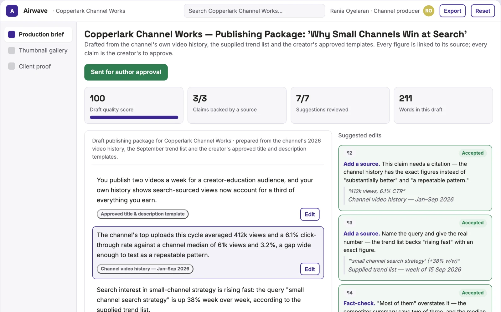 Screenshot of the Creator channel planning and publishing workspace interactive demo