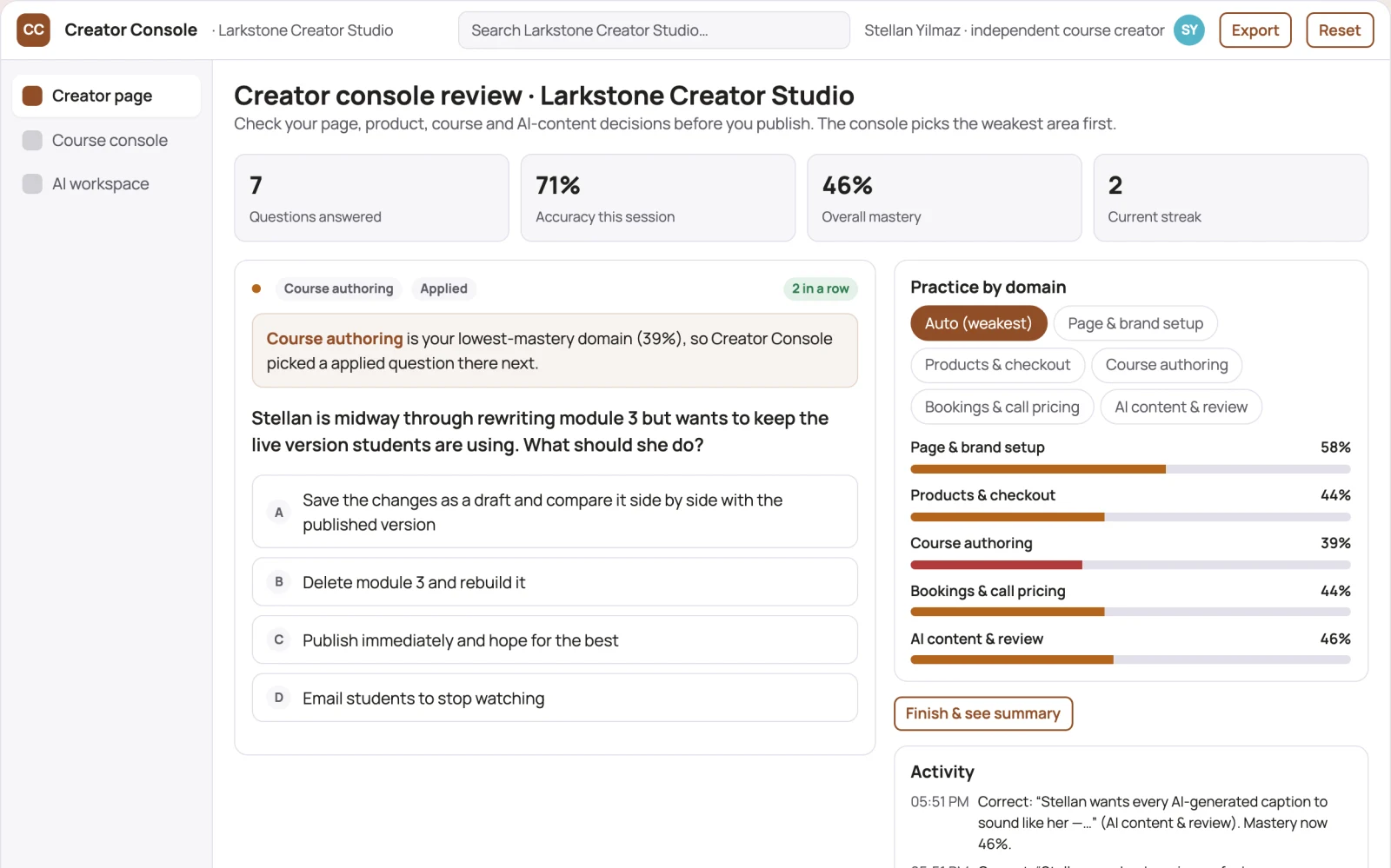Screenshot of the Creator link-in-bio monetization and course console interactive demo