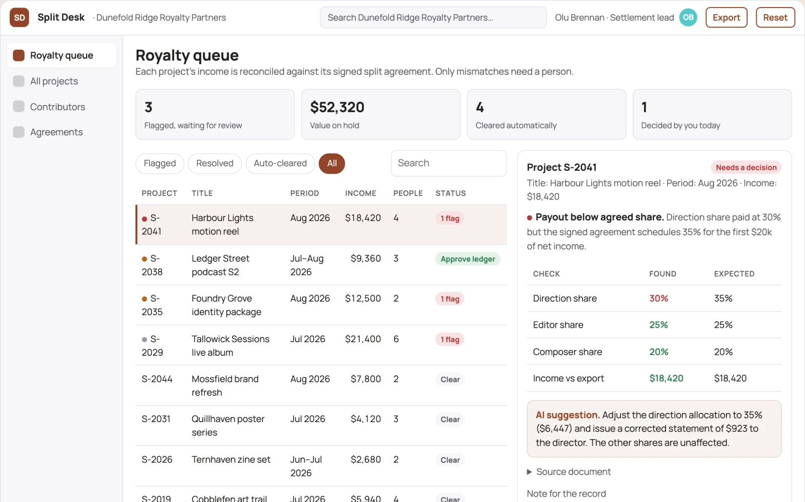 Screenshot of the Creator royalty split settlement desk interactive demo