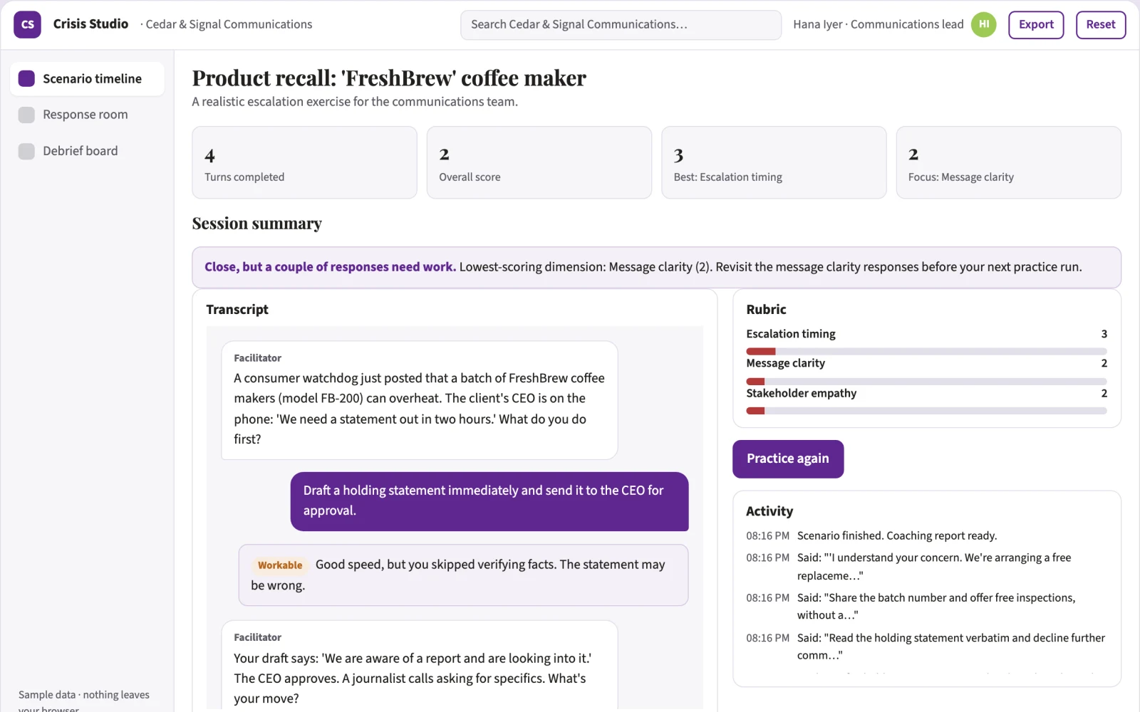 Screenshot of the Crisis preparation studio interactive demo