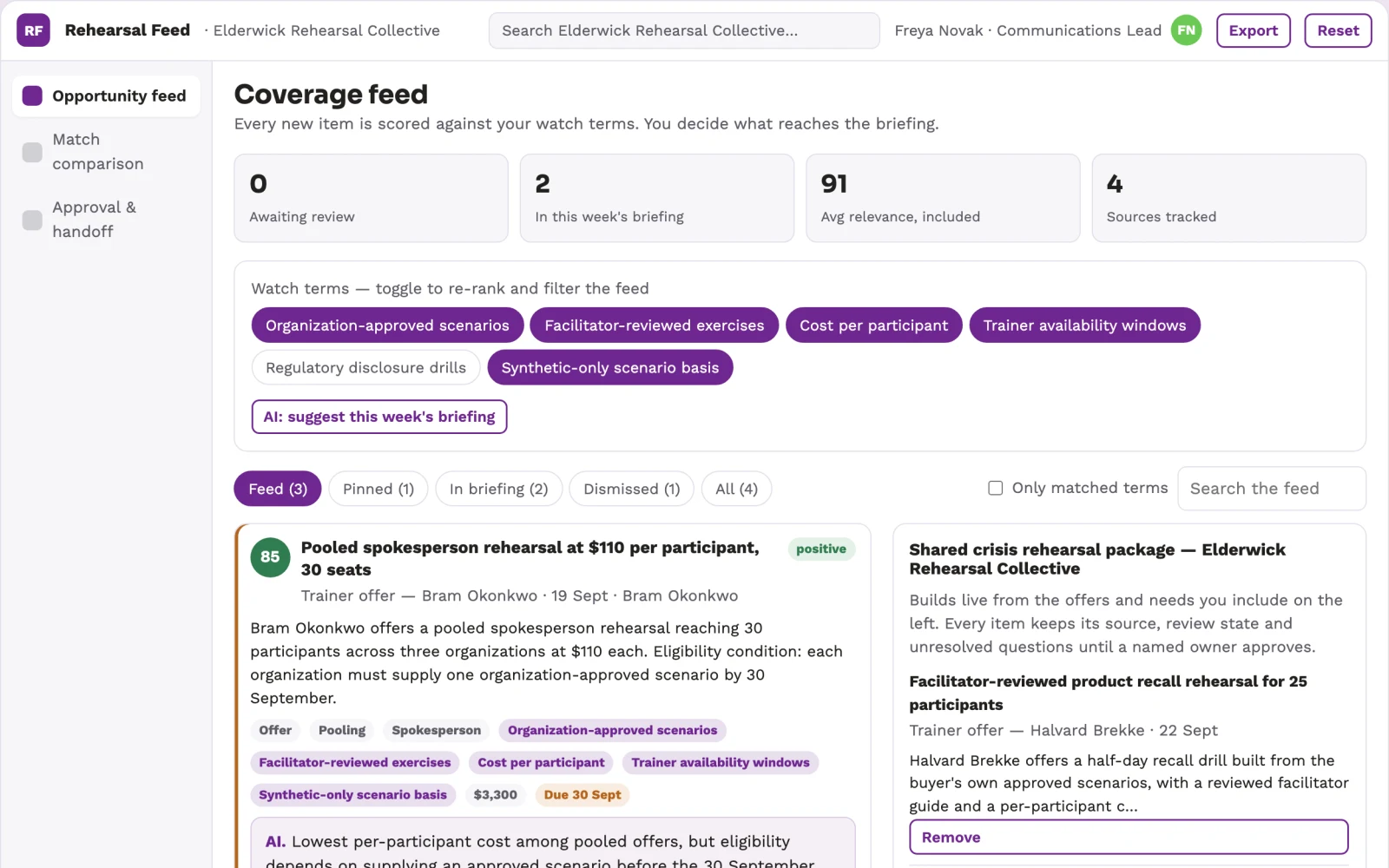Screenshot of the Crisis rehearsal resource marketplace interactive demo
