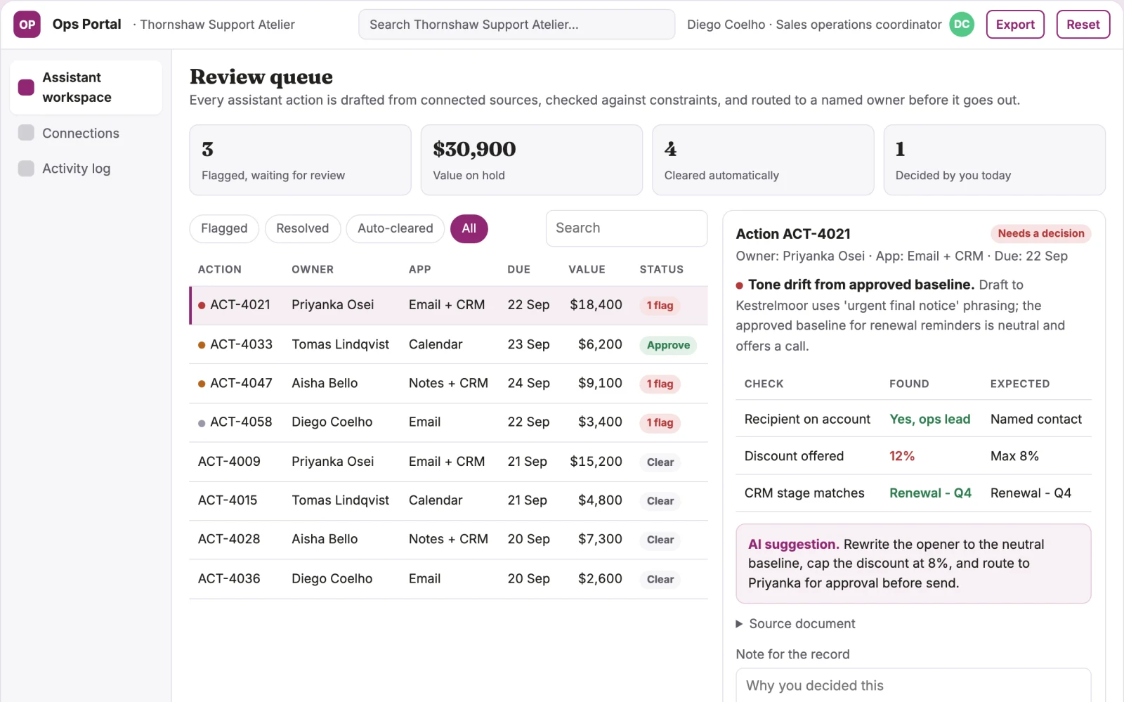 Screenshot of the Cross-app assistant operations portal interactive demo