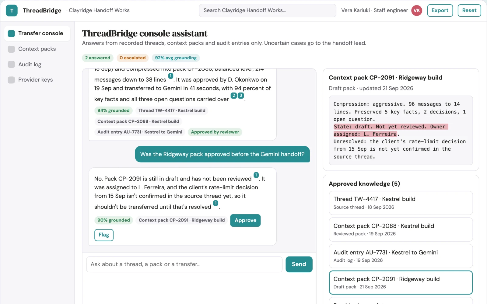Screenshot of the Cross-assistant conversation transfer console interactive demo