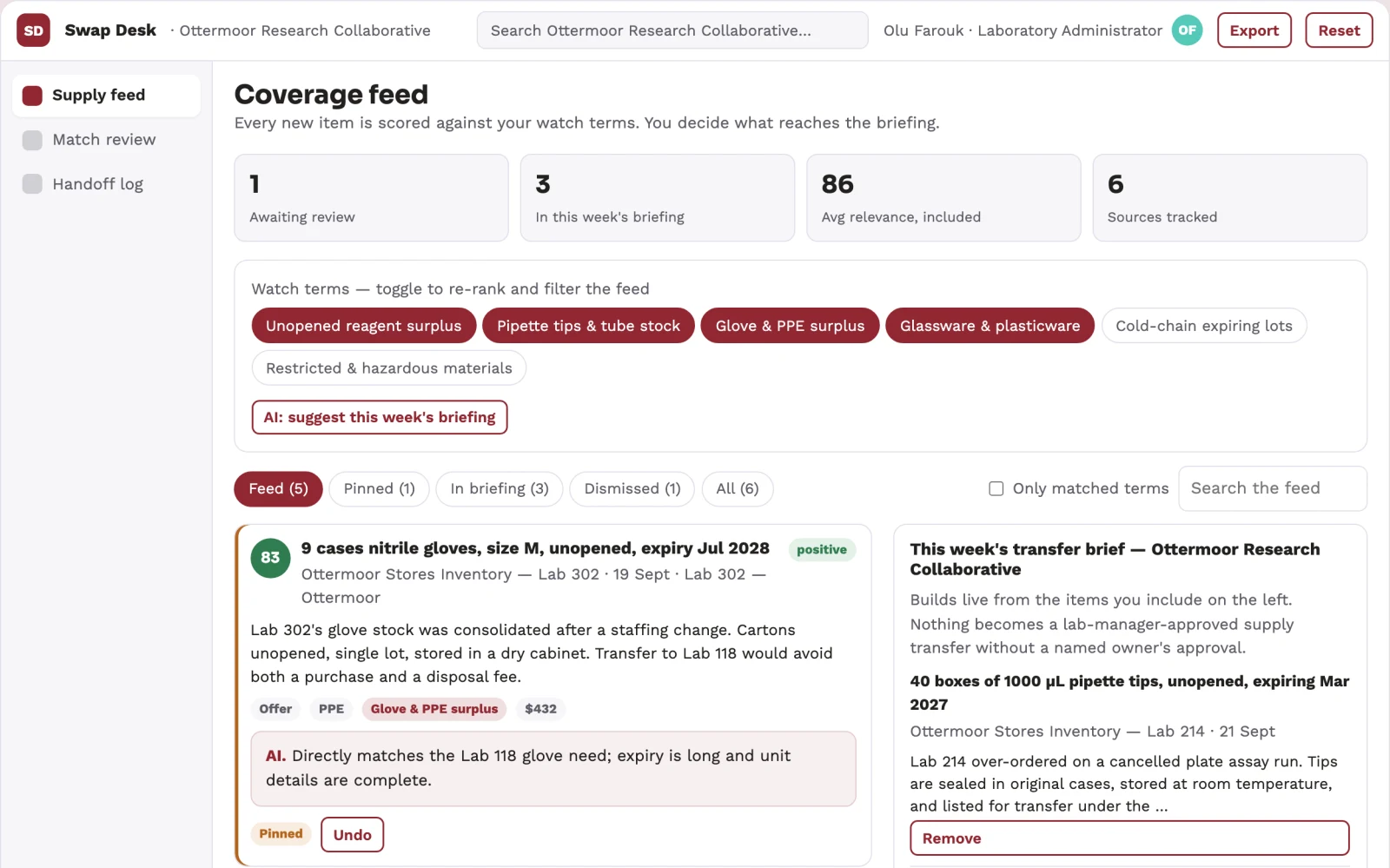 Screenshot of the Cross-lab nonregulated supplies exchange interactive demo