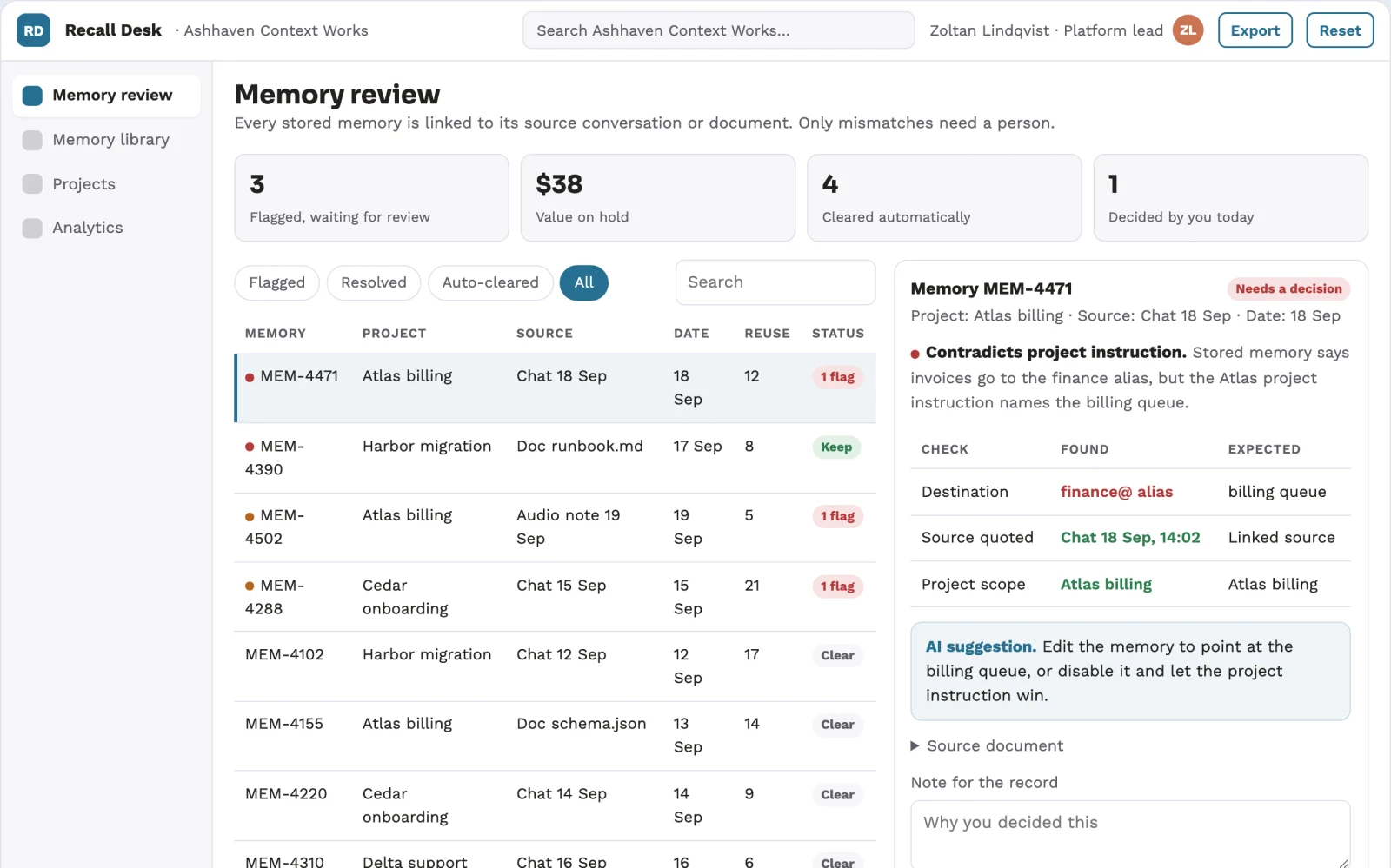 Screenshot of the Cross-project assistant memory and review console interactive demo