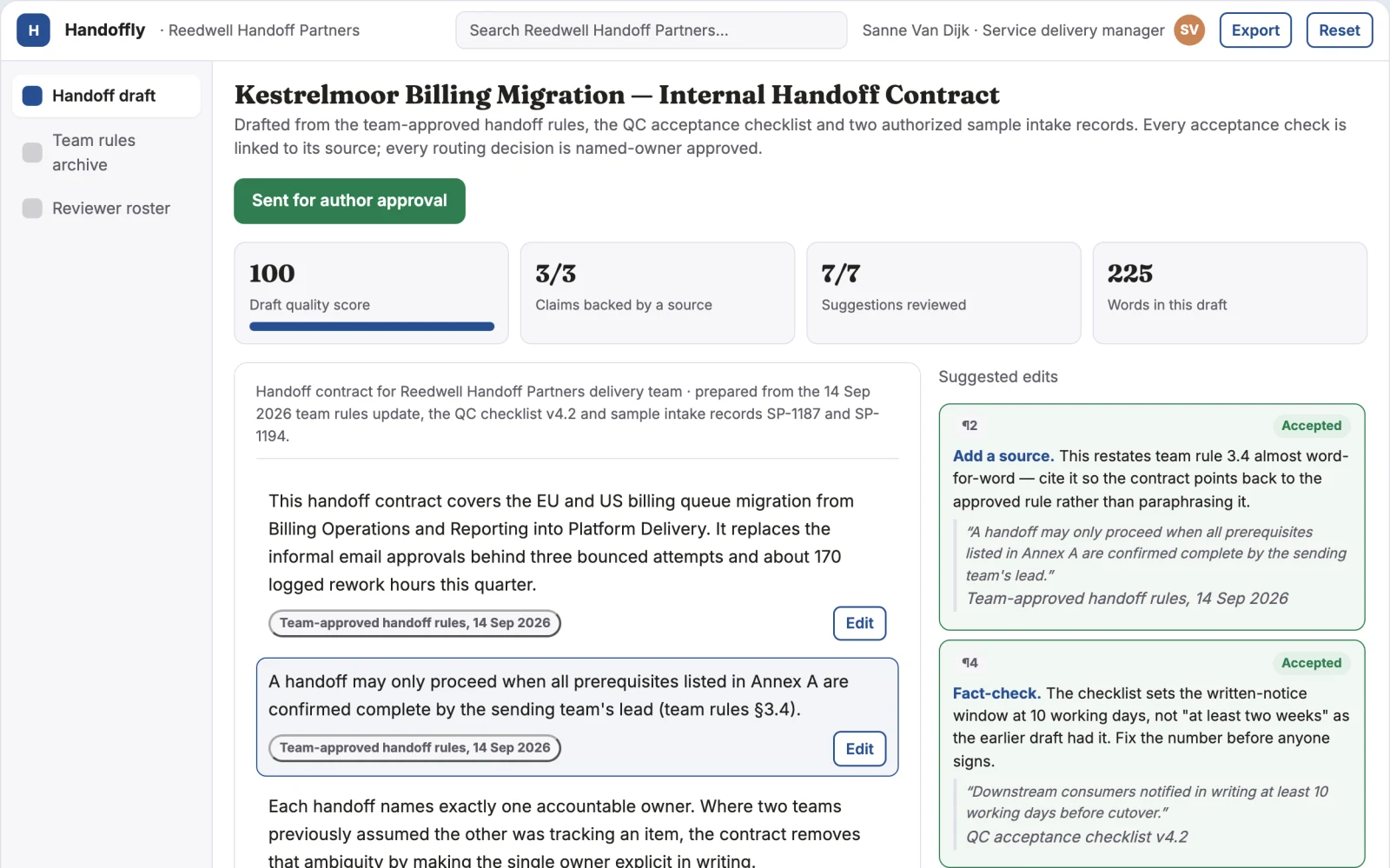 Screenshot of the Cross-team handoff contract generator interactive demo