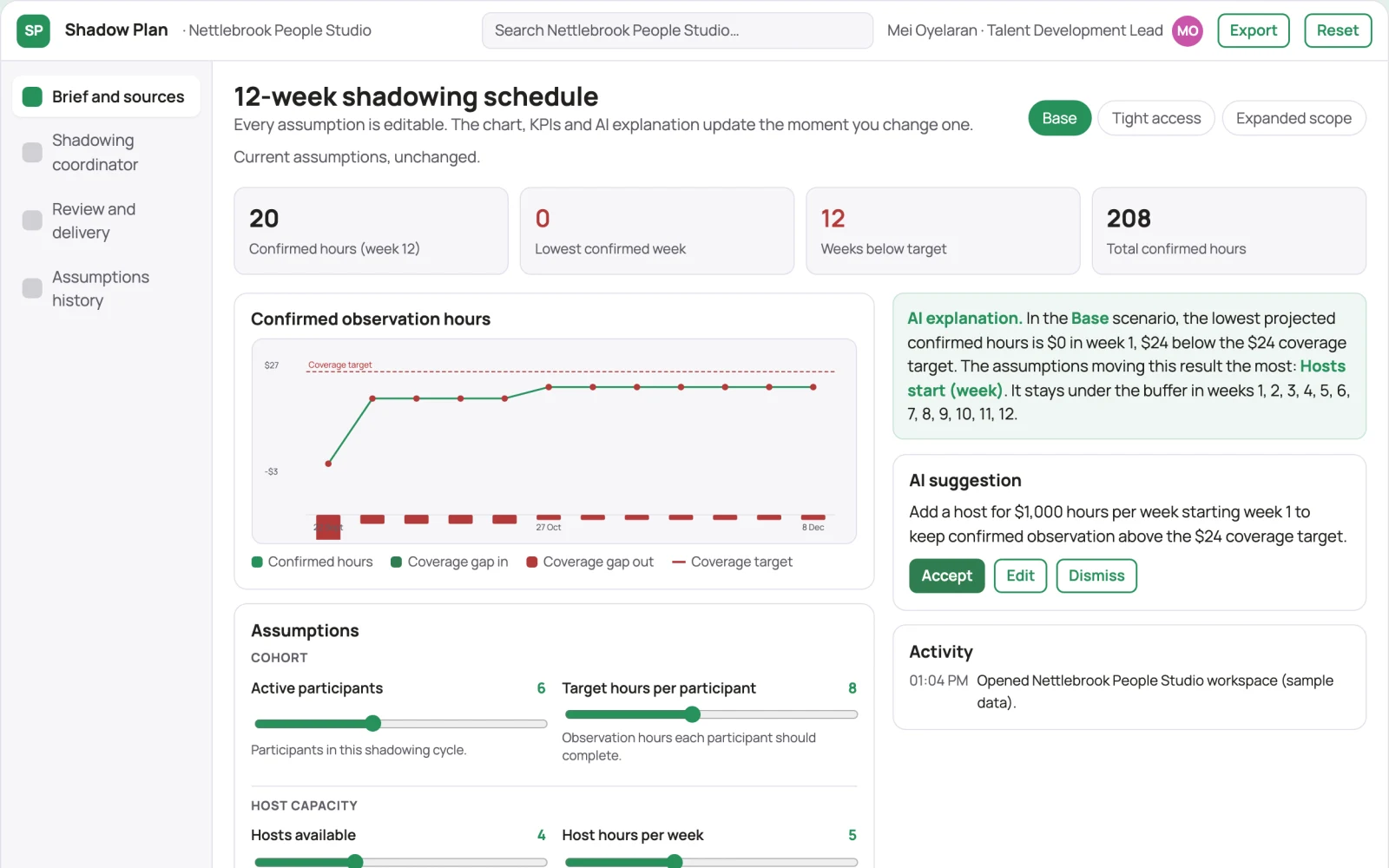 Screenshot of the Cross-team shadowing coordinator interactive demo