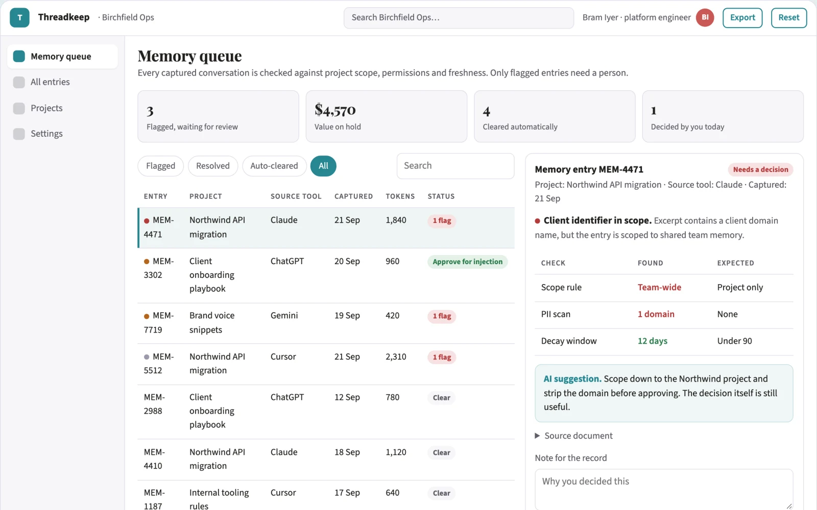 Screenshot of the Cross-tool AI conversation memory library interactive demo