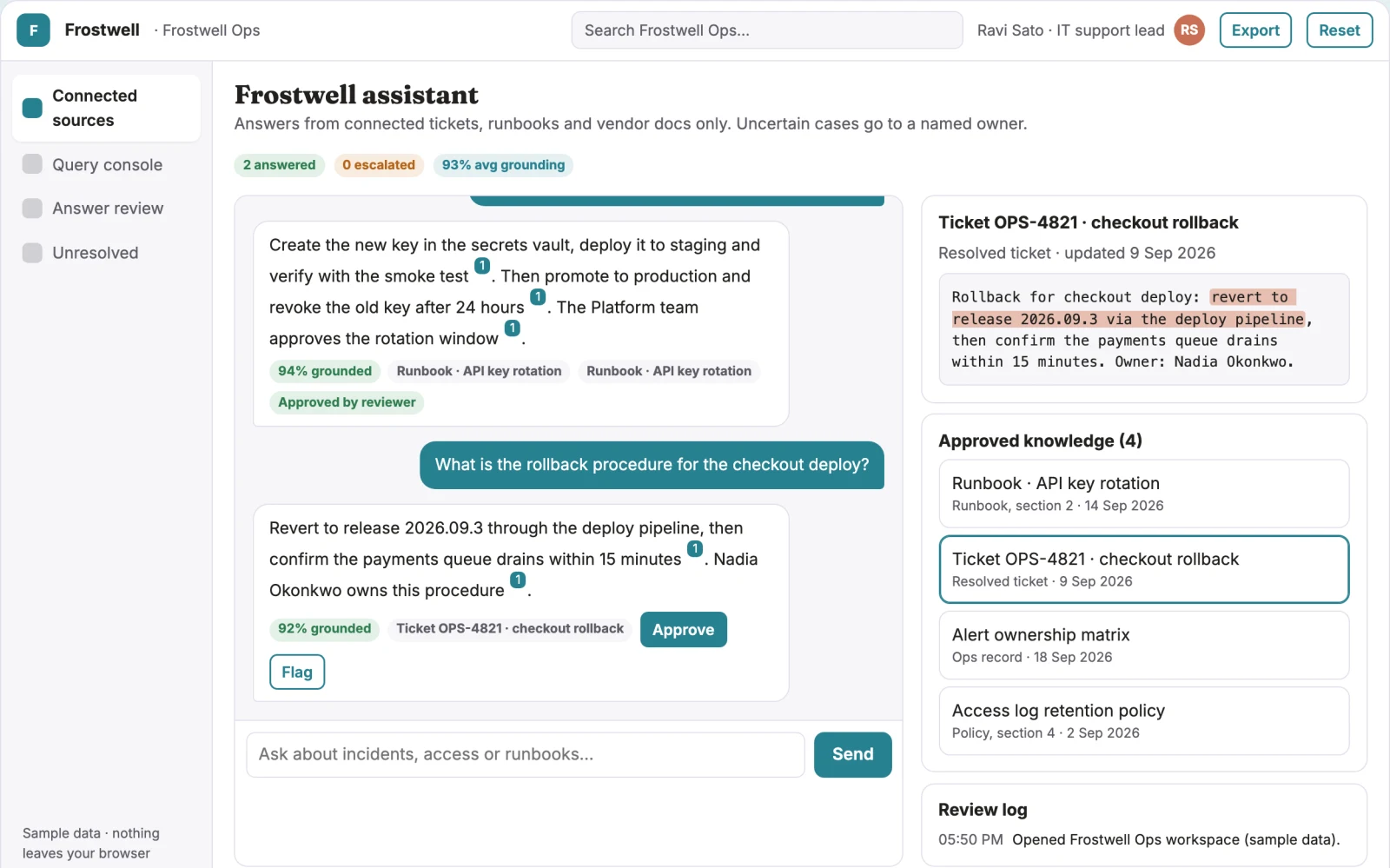 Screenshot of the Cross-tool source-linked knowledge assistant console interactive demo