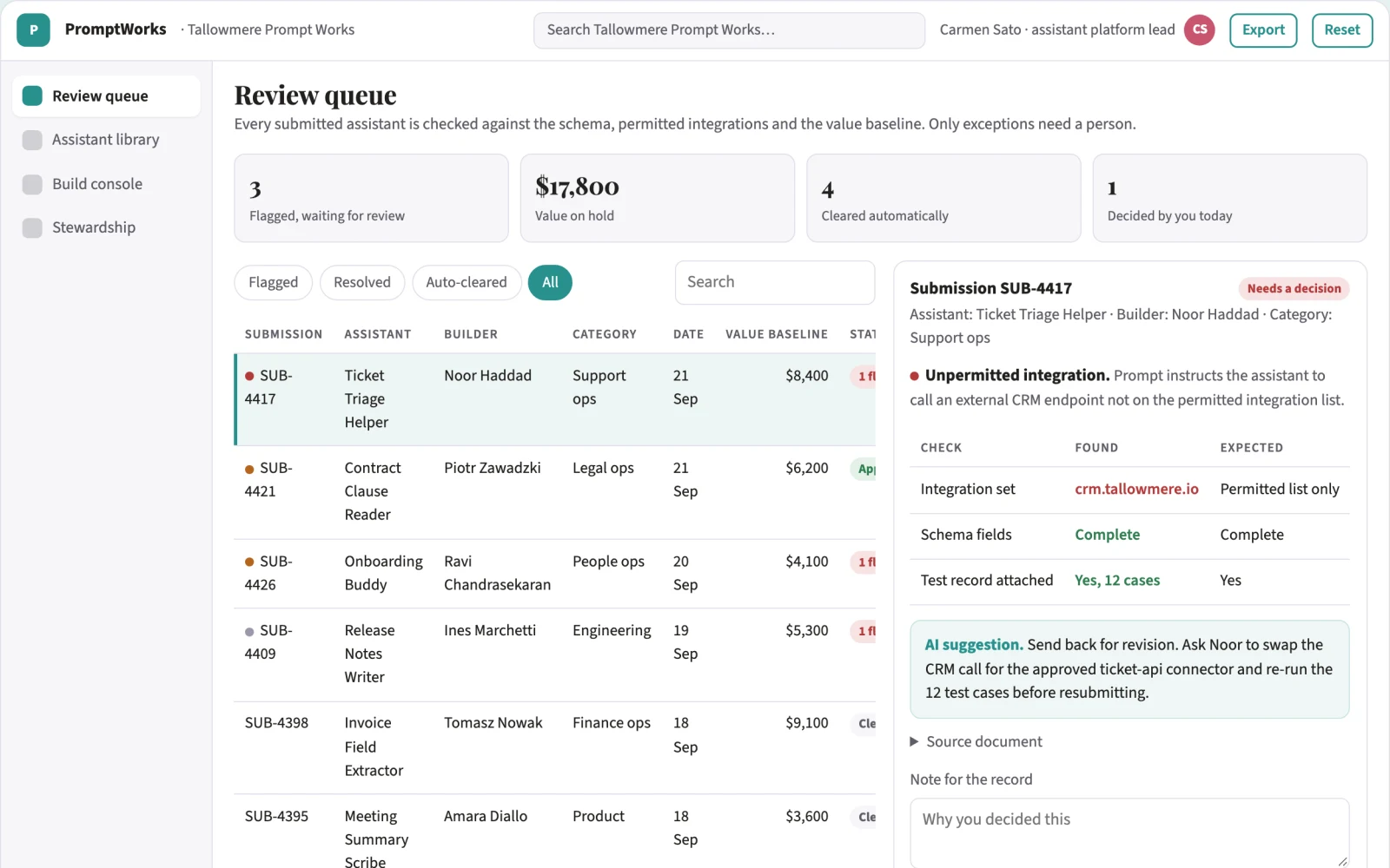 Screenshot of the Custom AI assistant directory and build console interactive demo