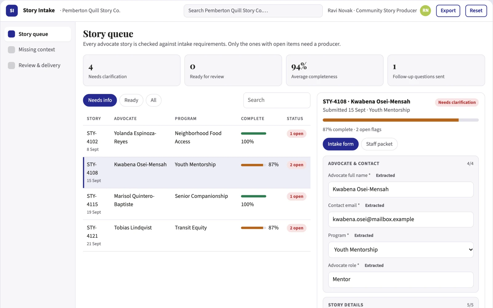 Screenshot of the Customer advocate story intake interactive demo