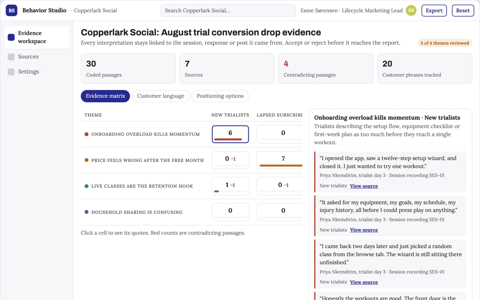 Screenshot of the Customer behavior evidence and reporting workspace interactive demo