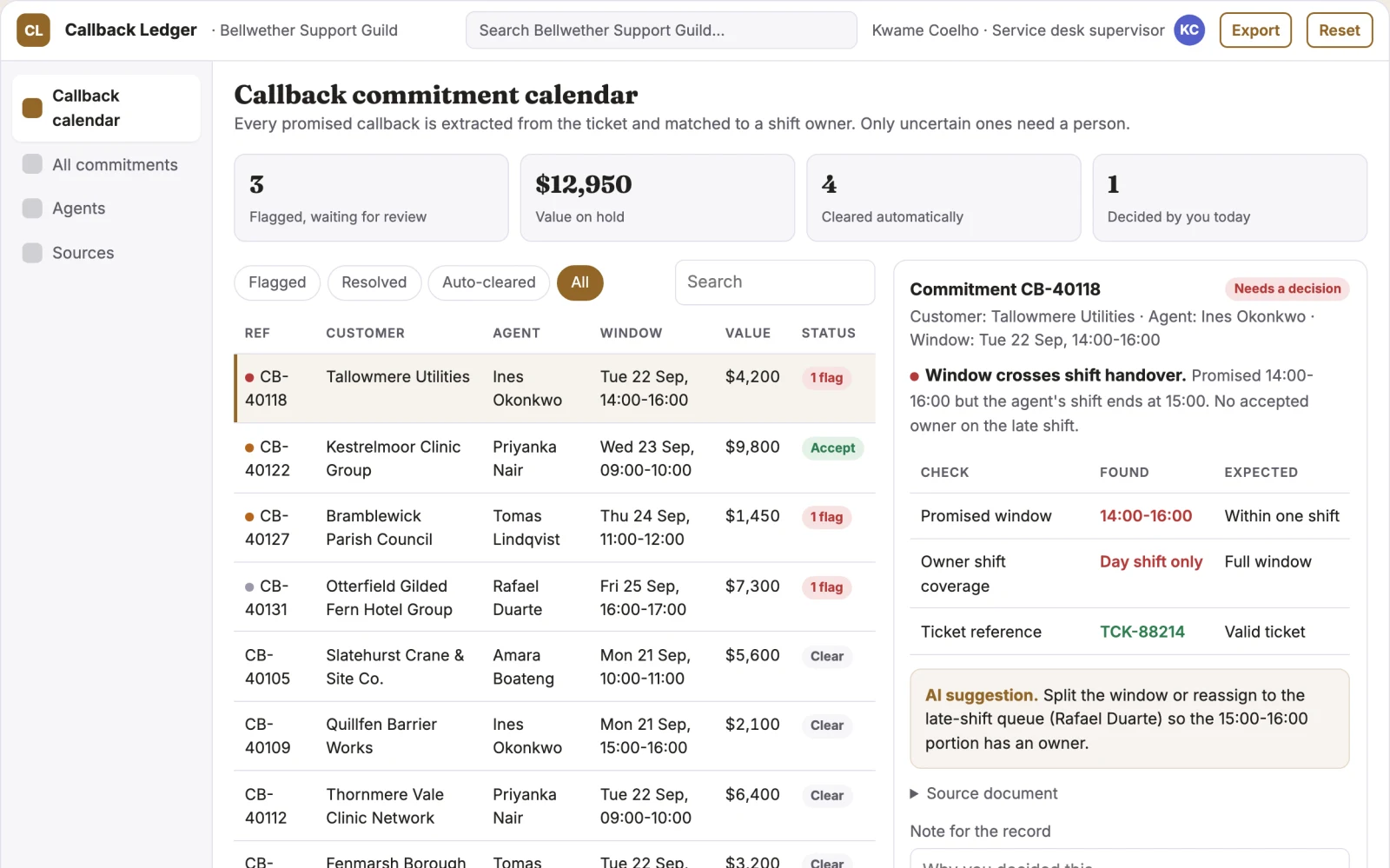 Screenshot of the Customer callback commitment calendar interactive demo
