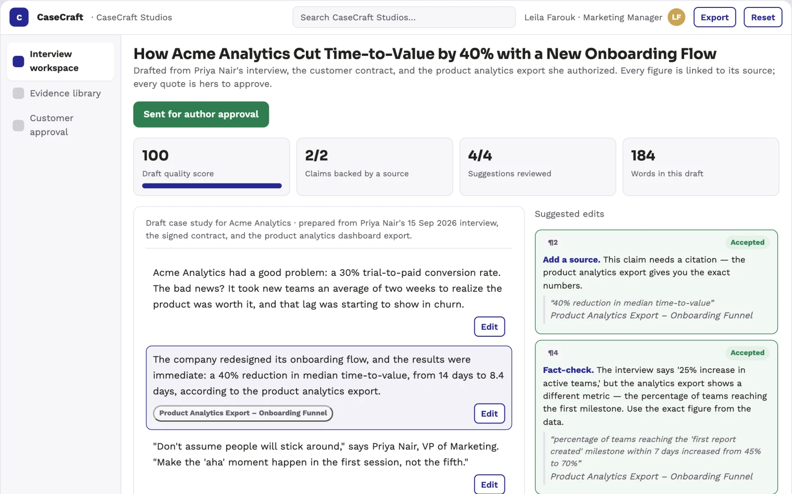 Demo screen of Customer case study studio
