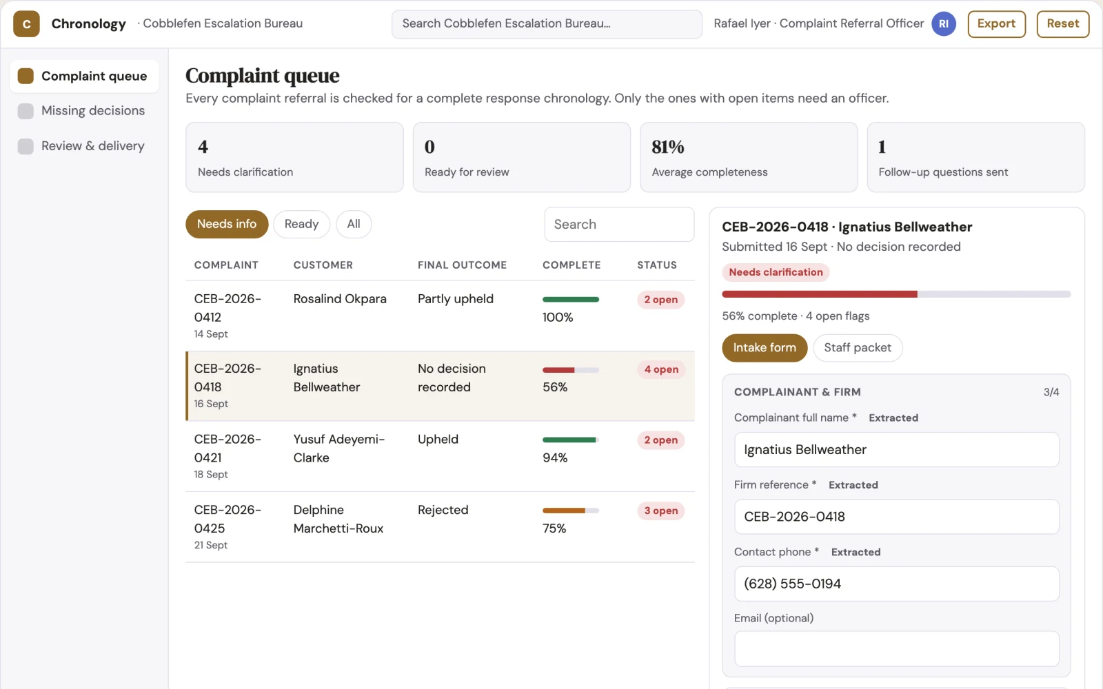 Screenshot of the Customer complaint evidence completeness interactive demo