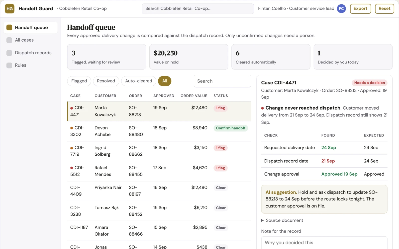 Screenshot of the Customer delivery instruction handoff interactive demo
