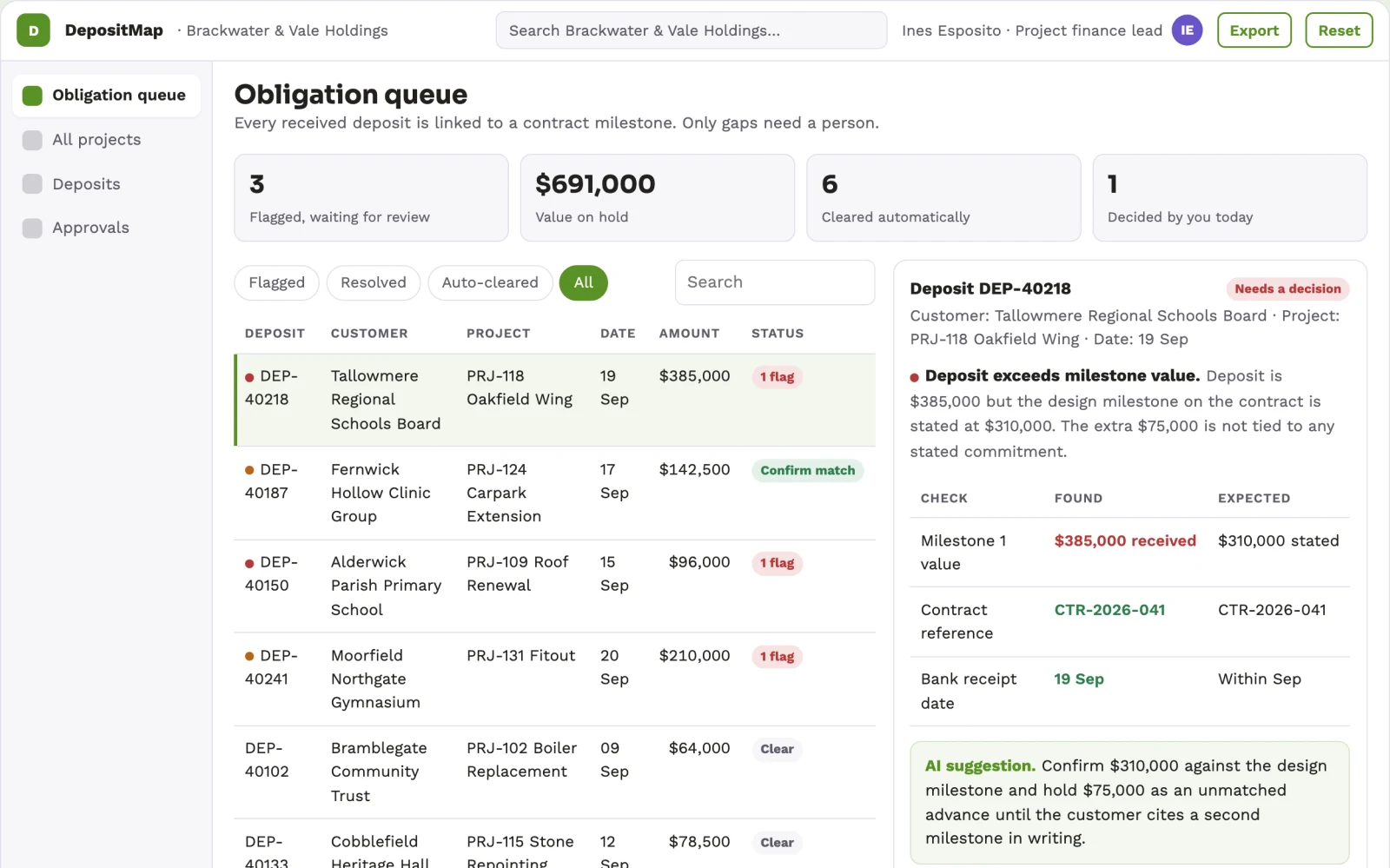 Screenshot of the Customer deposit obligation map interactive demo