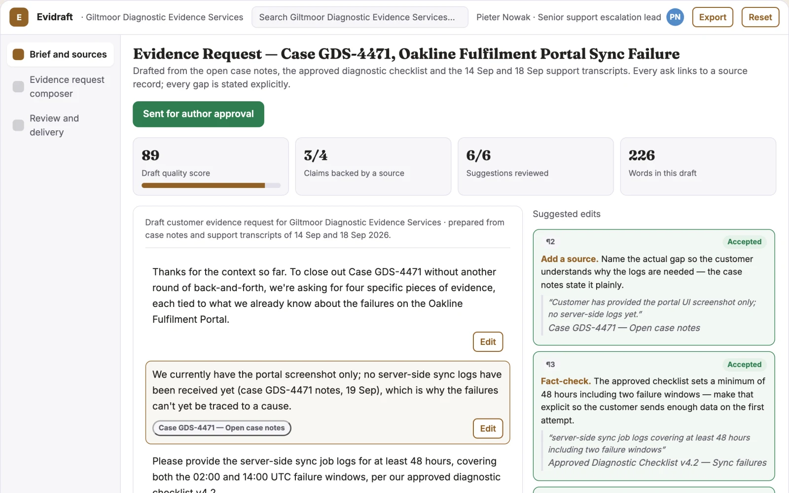 Screenshot of the Customer evidence request composer interactive demo
