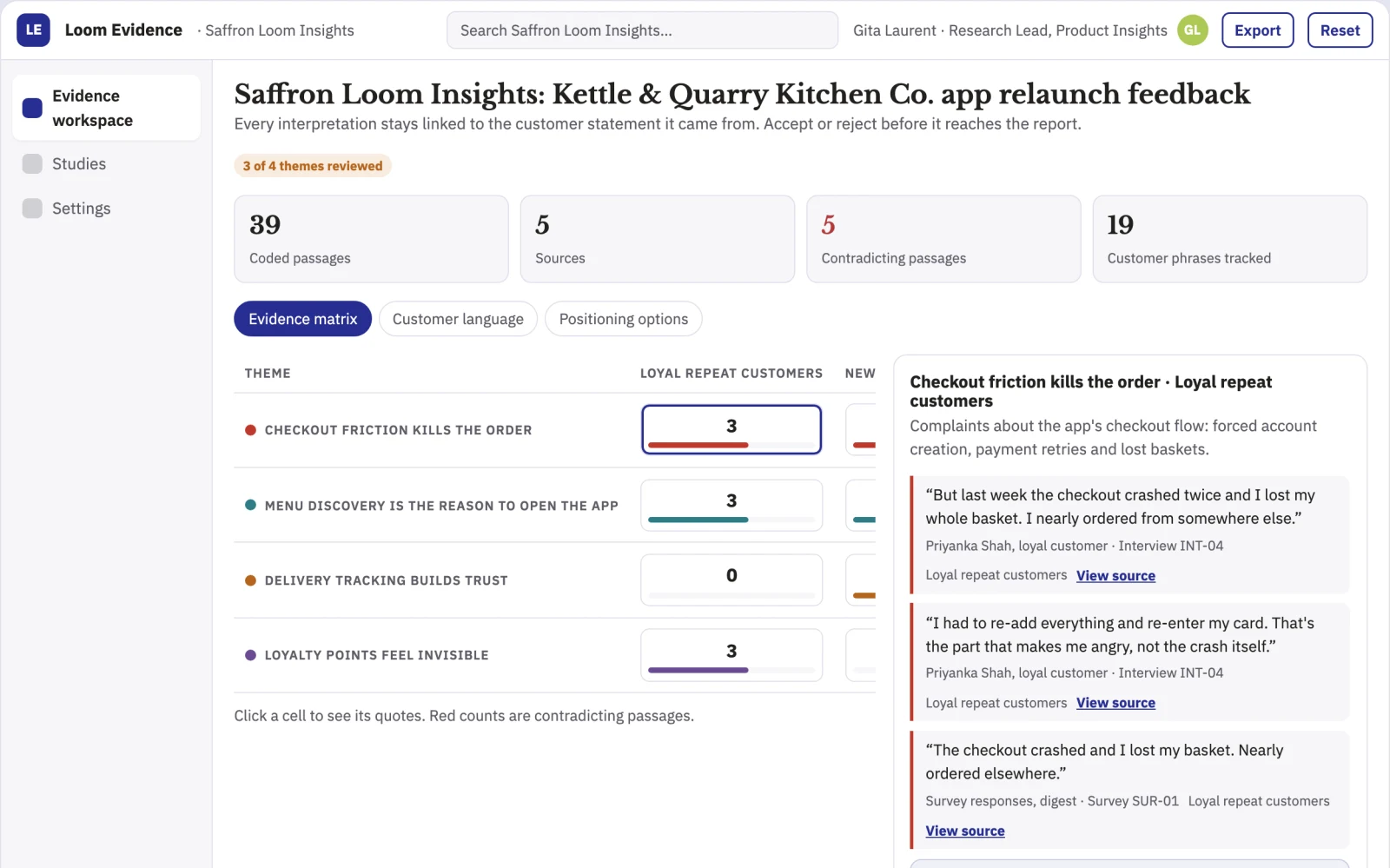 Screenshot of the Customer feedback evidence and reporting workspace interactive demo