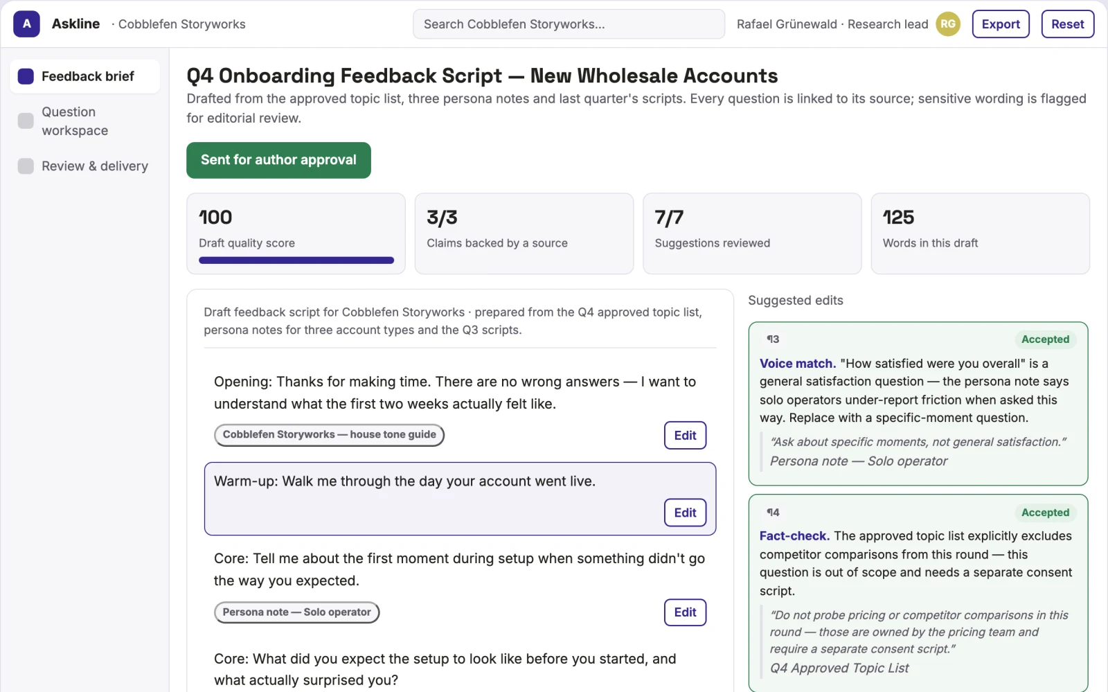 Screenshot of the Customer feedback question and script workbench interactive demo