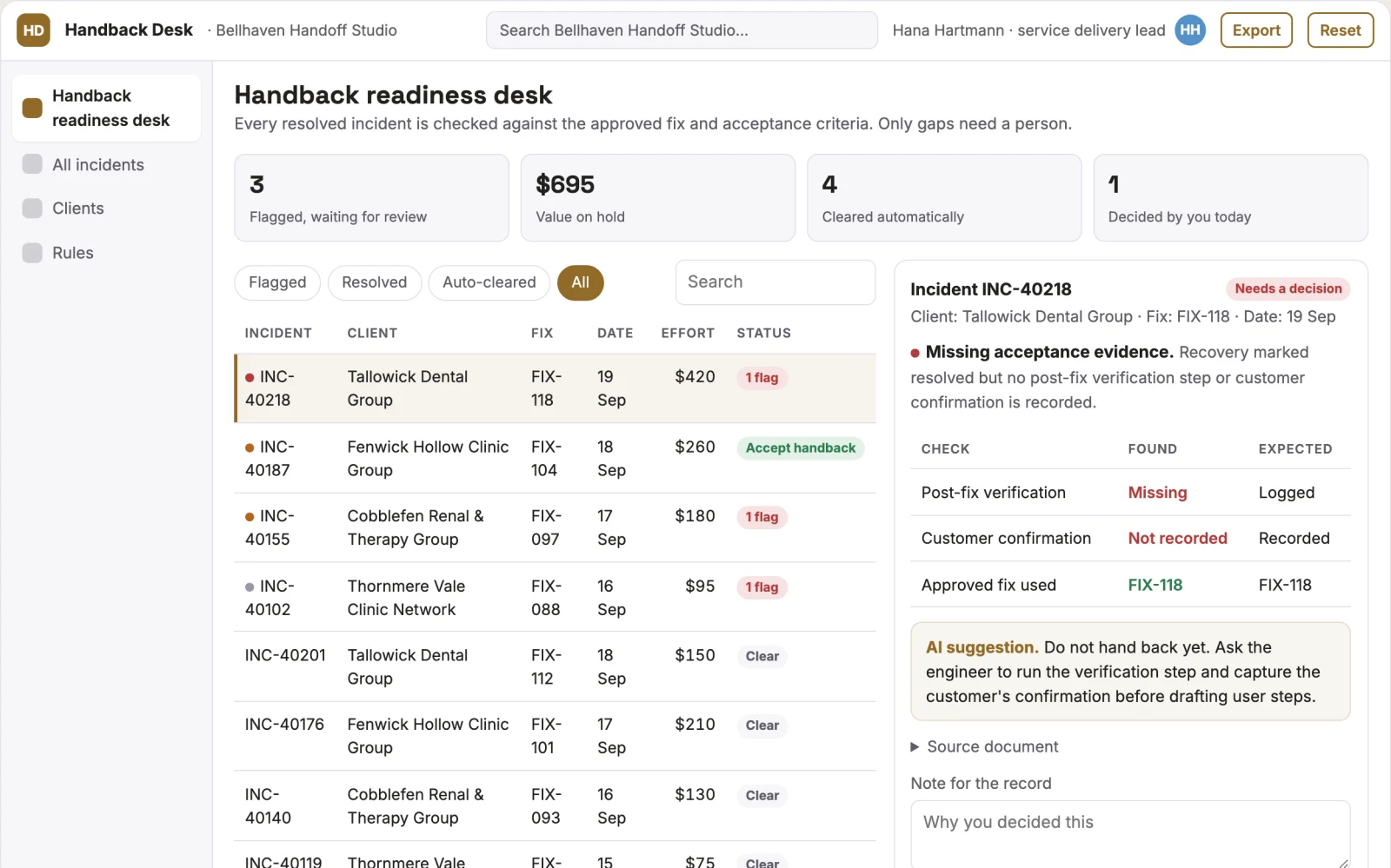 Screenshot of the Customer handback readiness desk interactive demo
