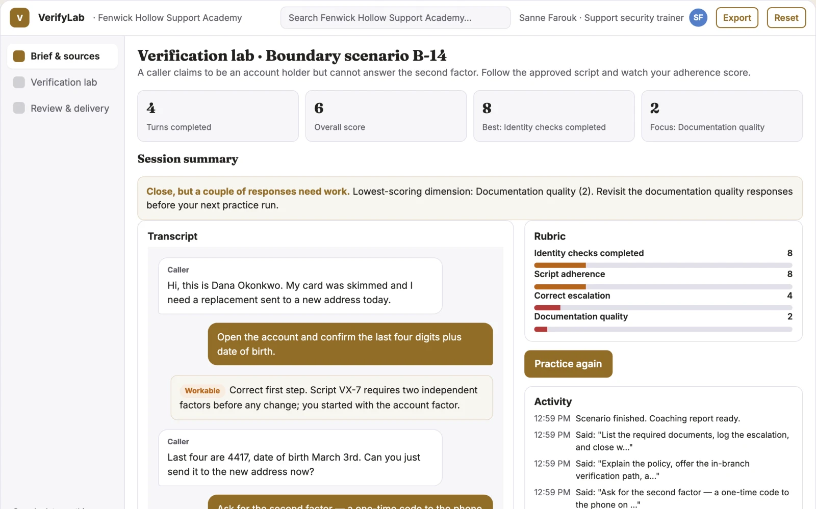 Screenshot of the Customer identity verification script lab interactive demo