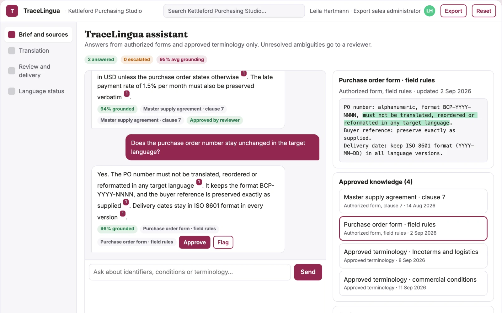 Screenshot of the Customer procurement document translation interactive demo