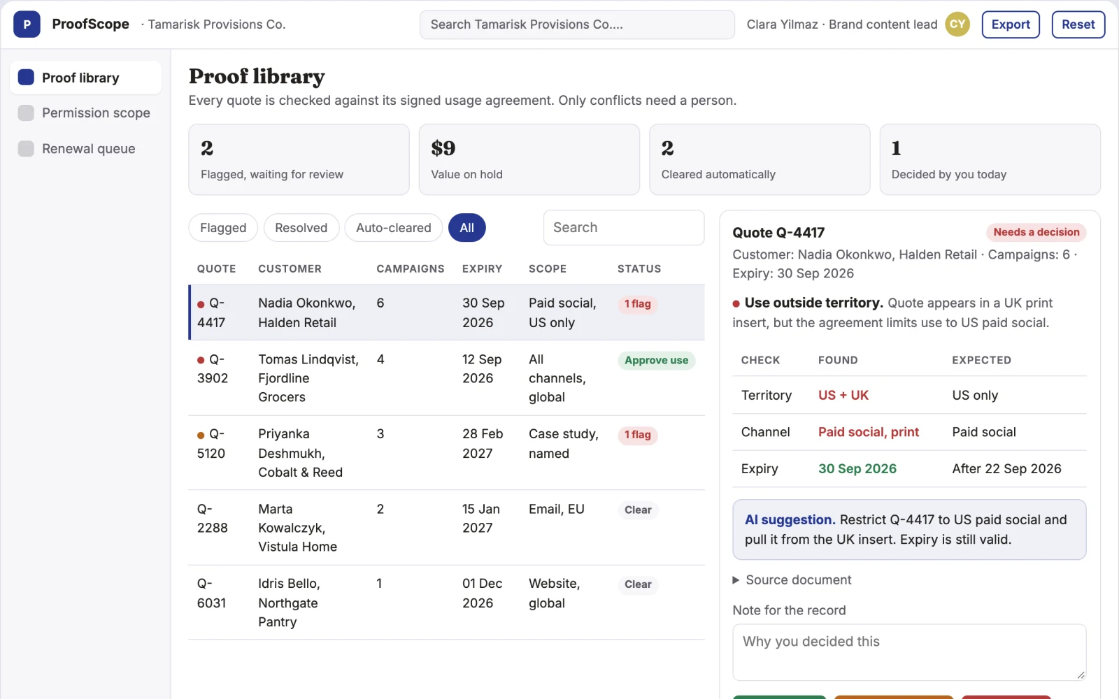 Screenshot of the Customer proof permission tracker interactive demo