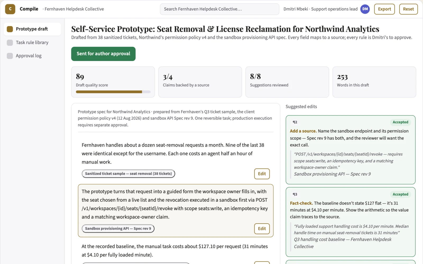 Screenshot of the Customer self-service task compiler interactive demo