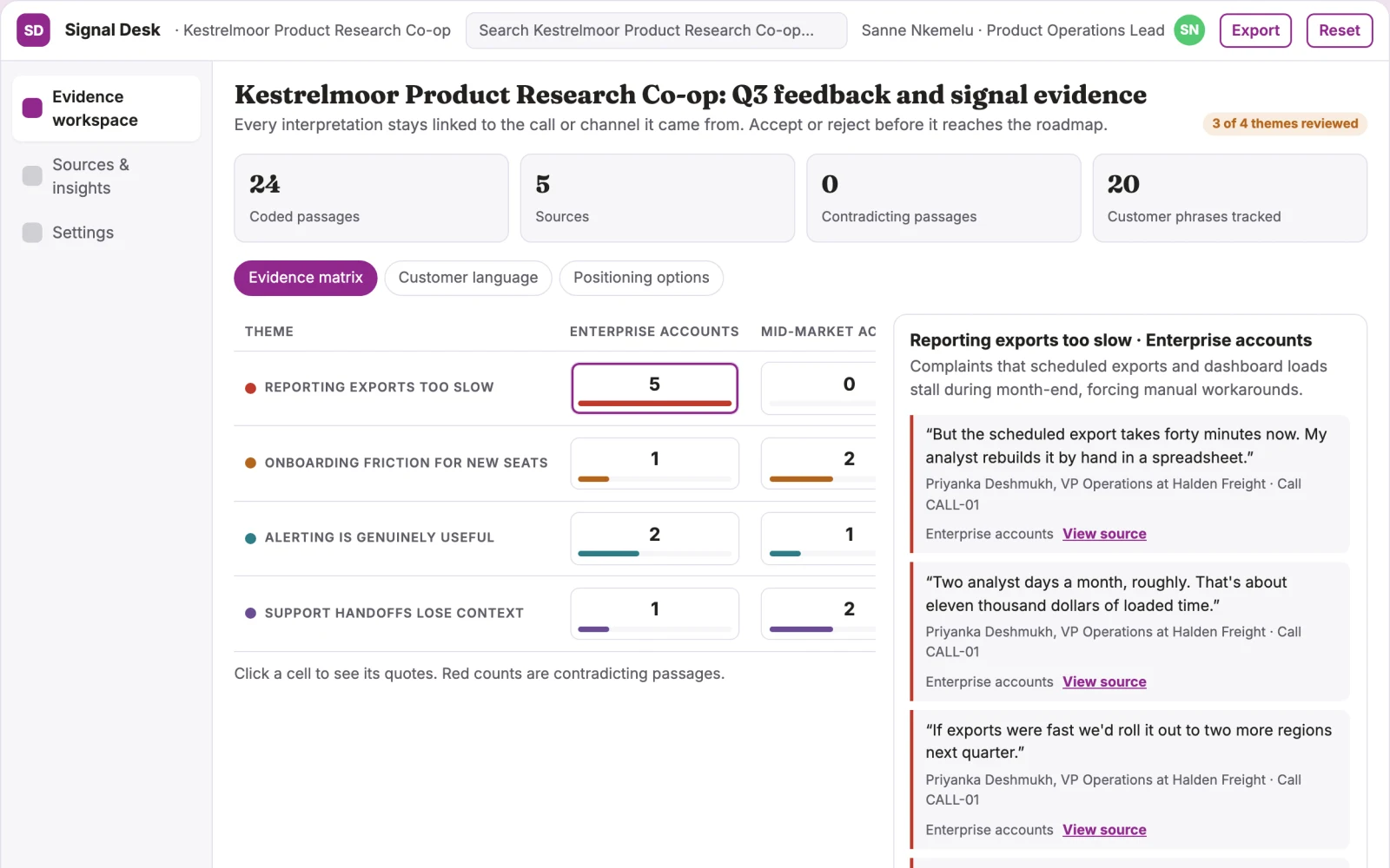 Screenshot of the Customer signal evidence and action workspace interactive demo