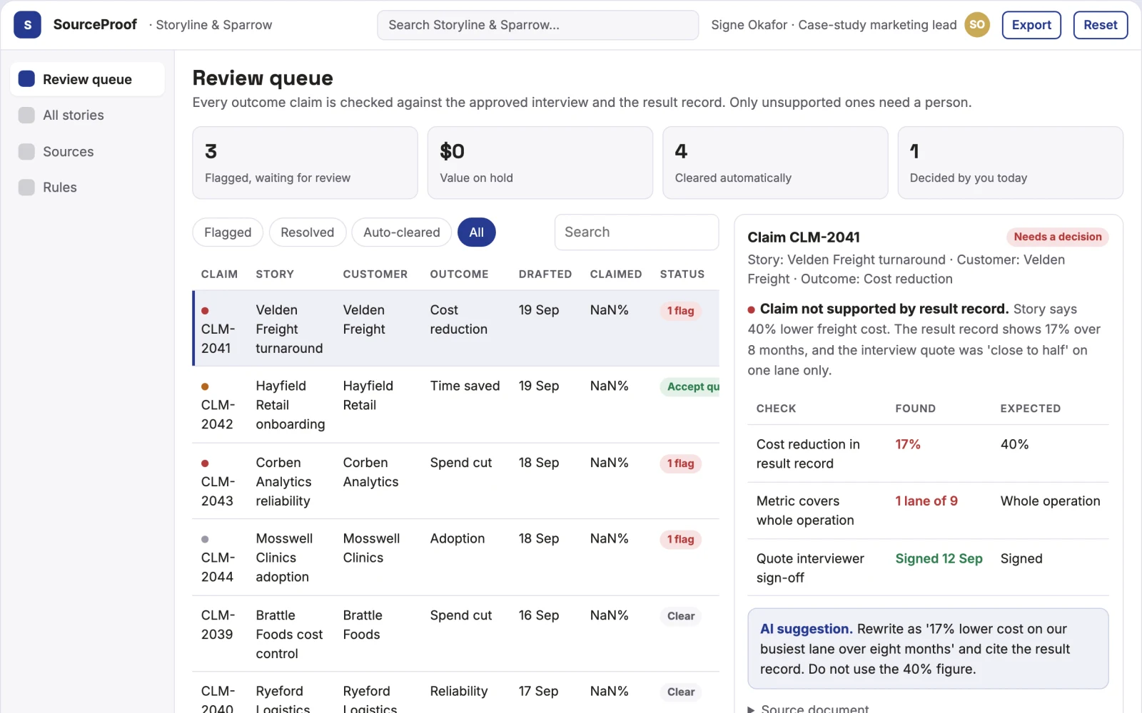 Screenshot of the Customer story outcome qualifier interactive demo