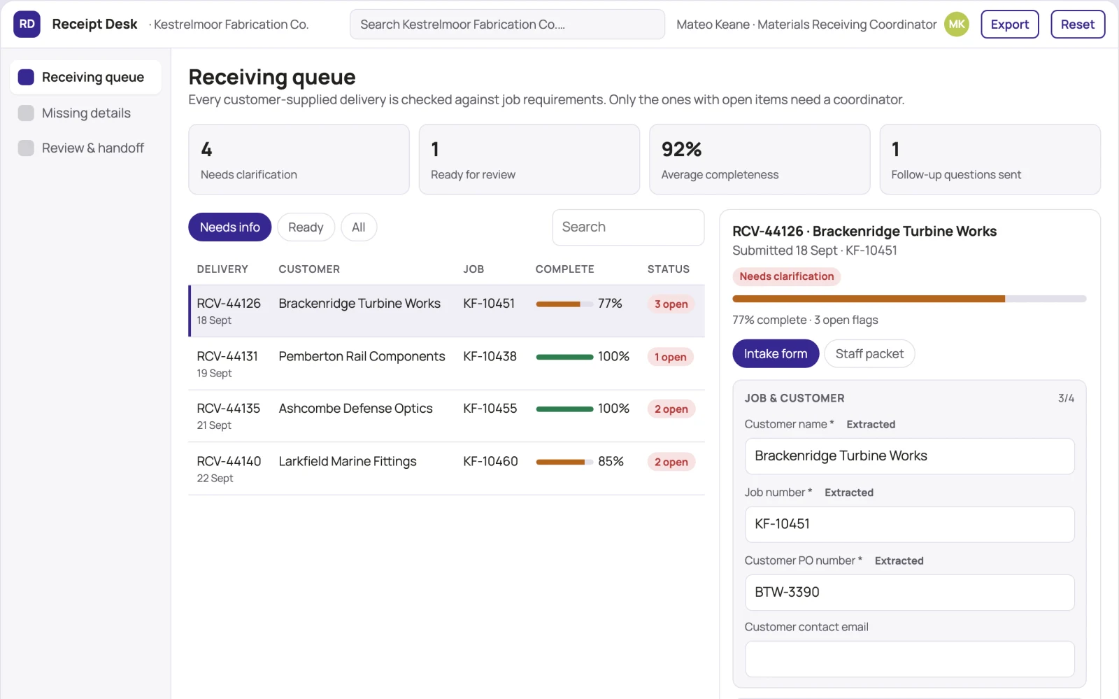 Screenshot of the Customer-supplied material receipt desk interactive demo