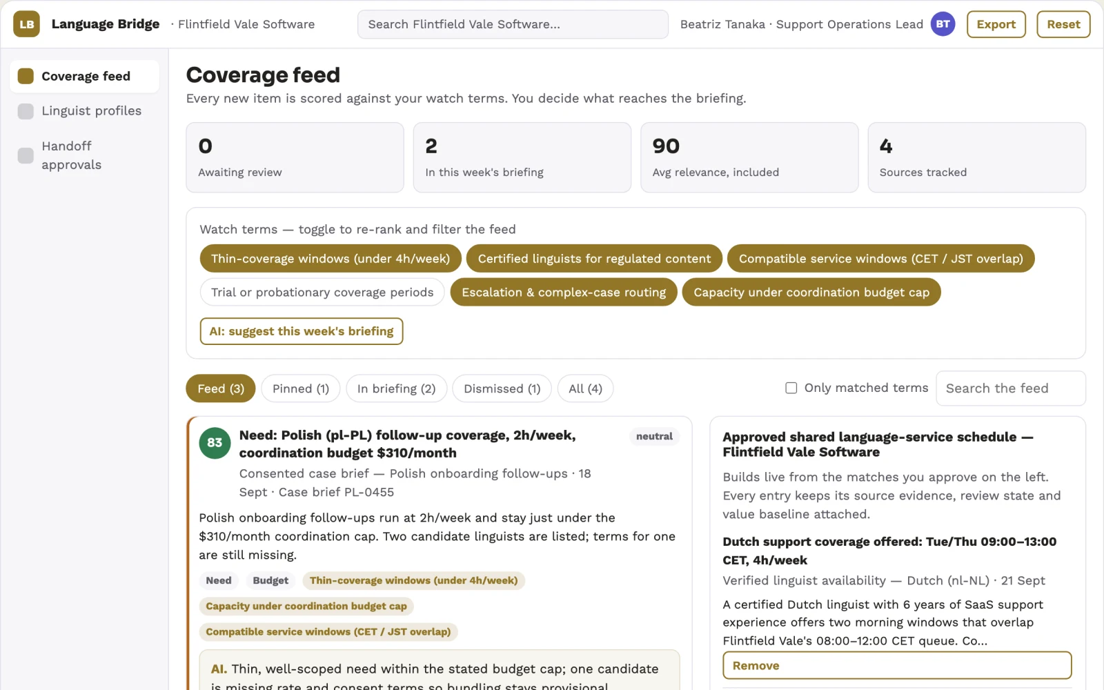 Screenshot of the Customer support language capacity broker interactive demo