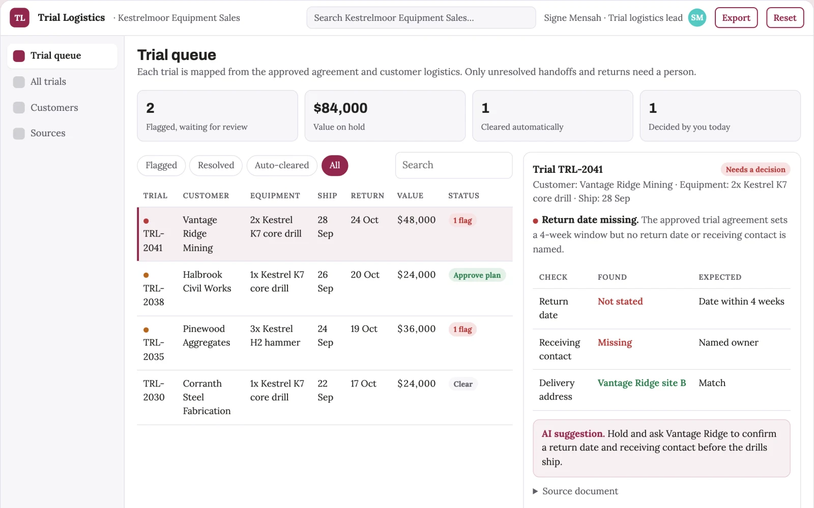 Screenshot of the Customer trial logistics coordinator interactive demo