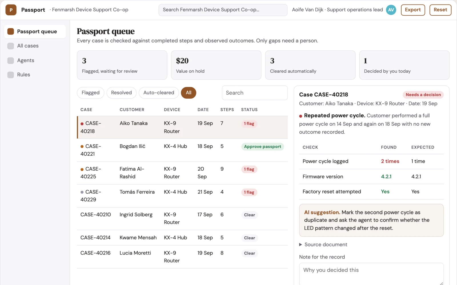 Screenshot of the Customer troubleshooting progress passport interactive demo