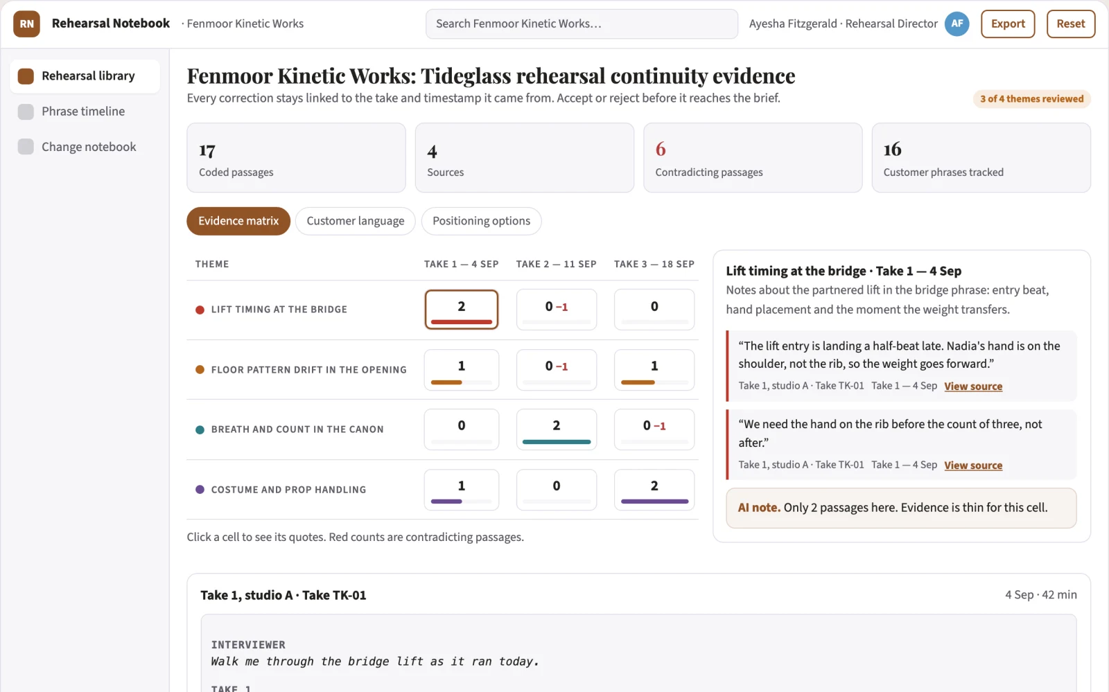 Screenshot of the Dance rehearsal continuity notebook interactive demo