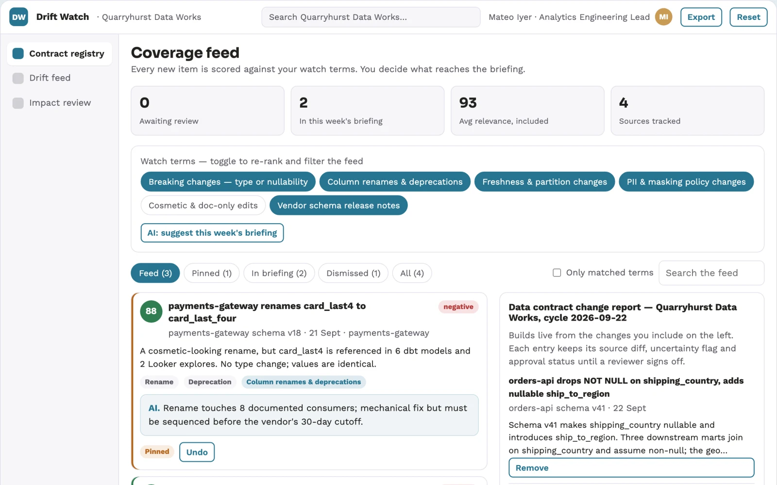 Screenshot of the Data contract drift watch interactive demo