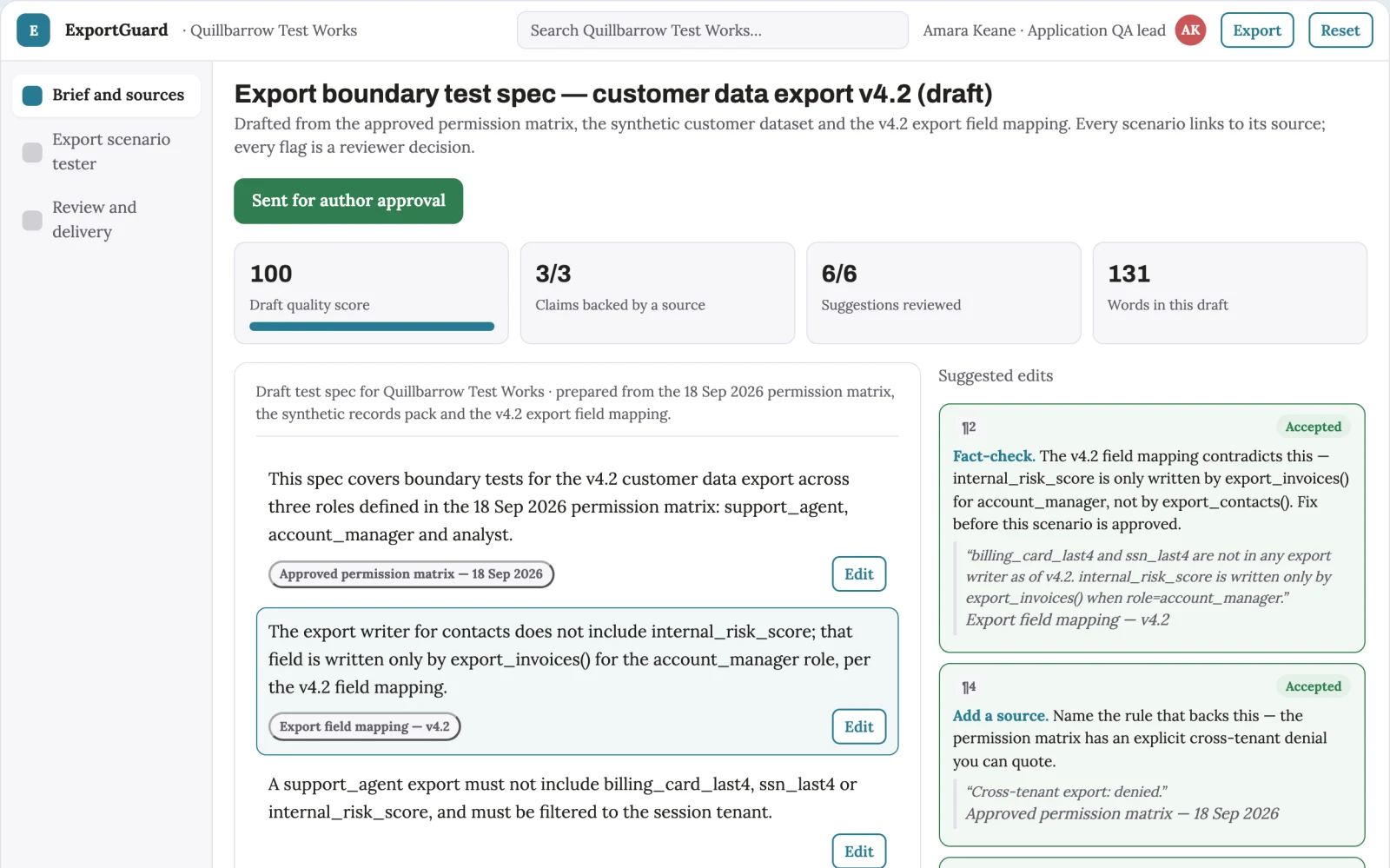 Screenshot of the Data export privacy scenario tester interactive demo