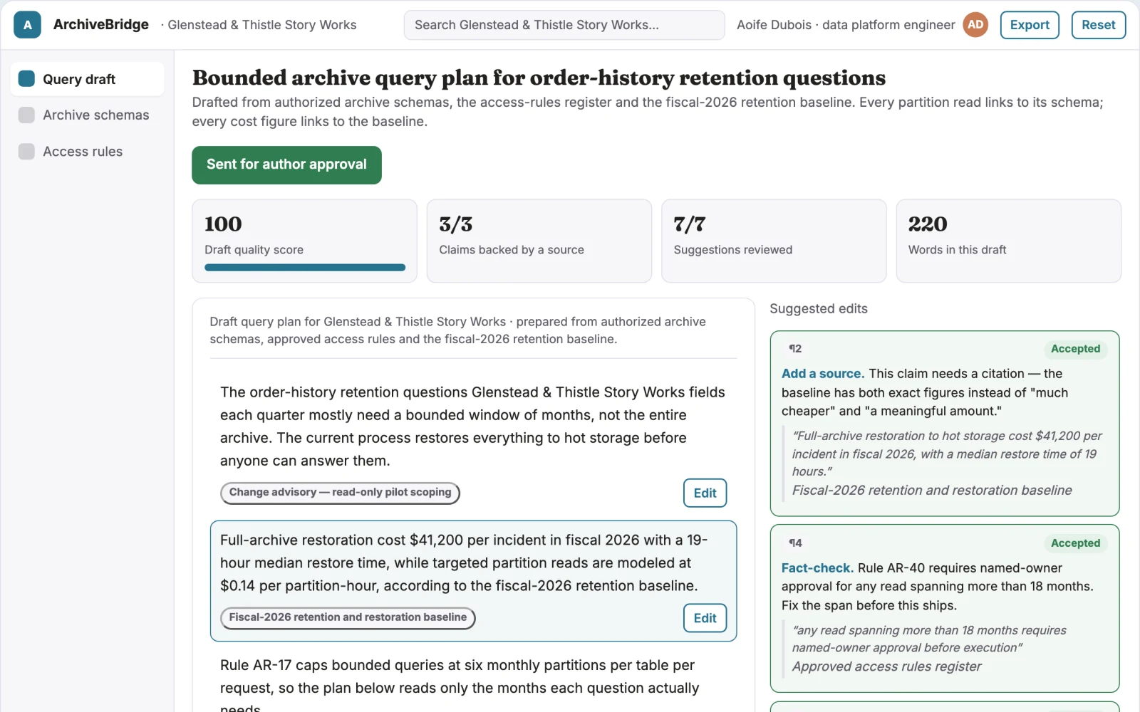 Screenshot of the Database archive query bridge interactive demo