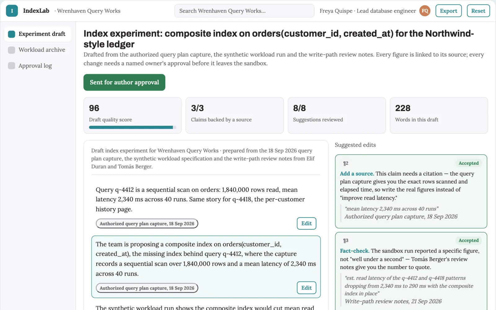 Screenshot of the Database index value experiment lab interactive demo