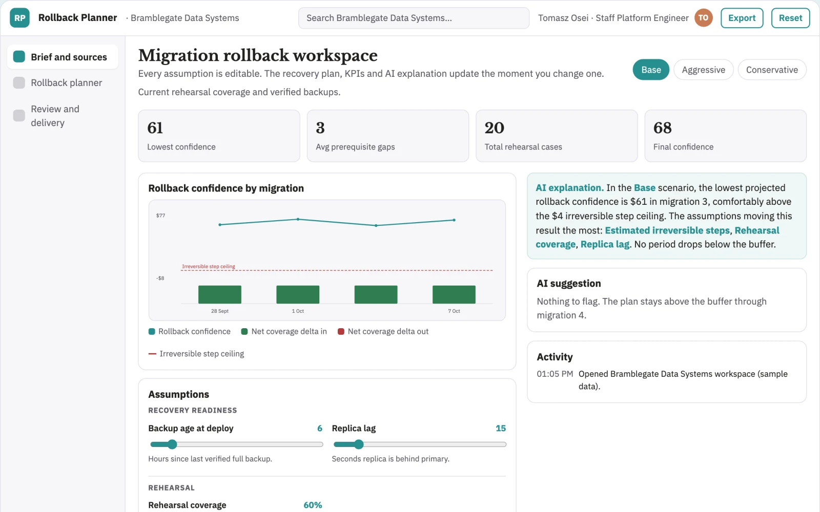 Screenshot of the Database migration rollback planner interactive demo